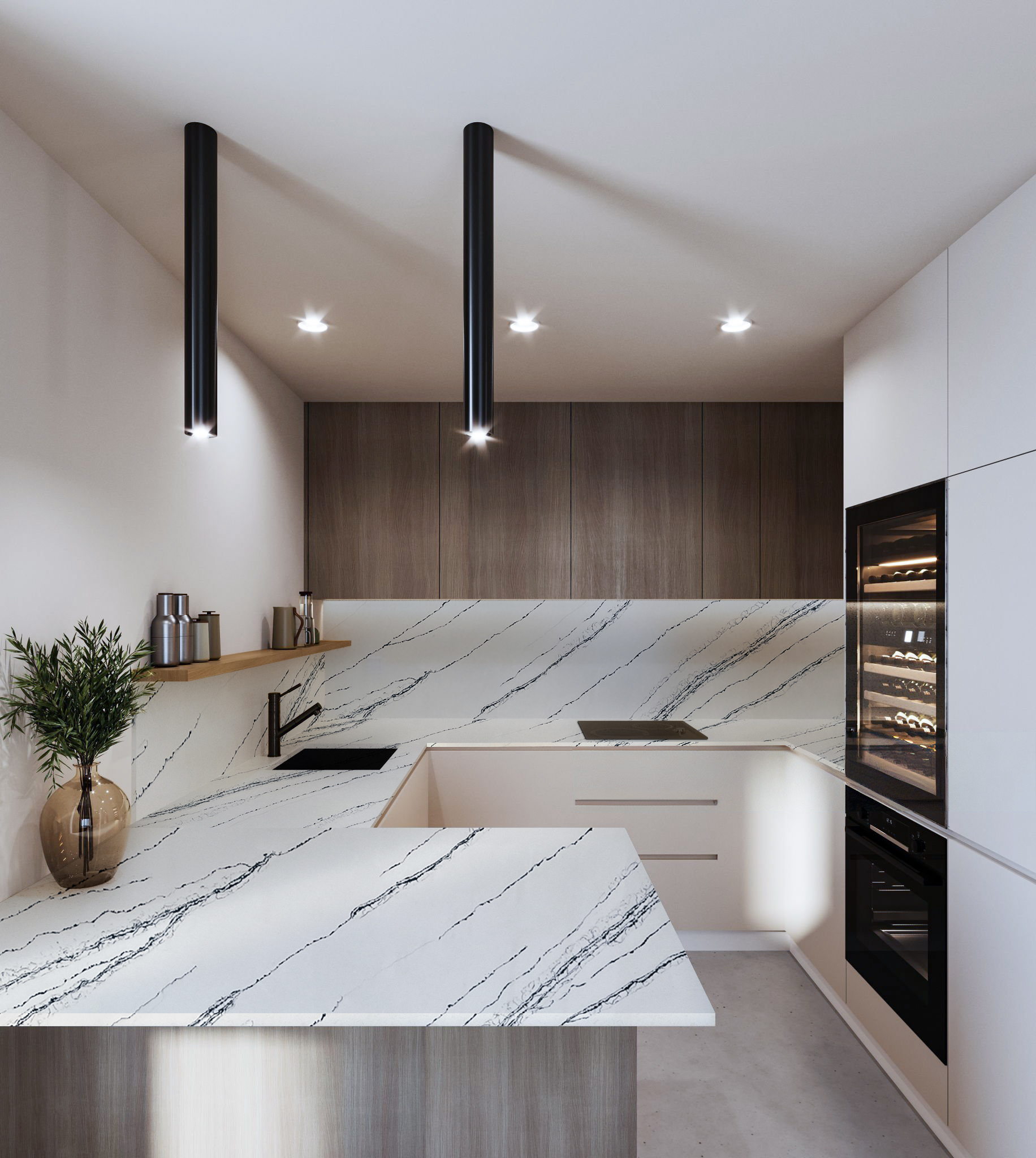 Modern small kitchen interior design. 3D Rendering, 3D Illustration